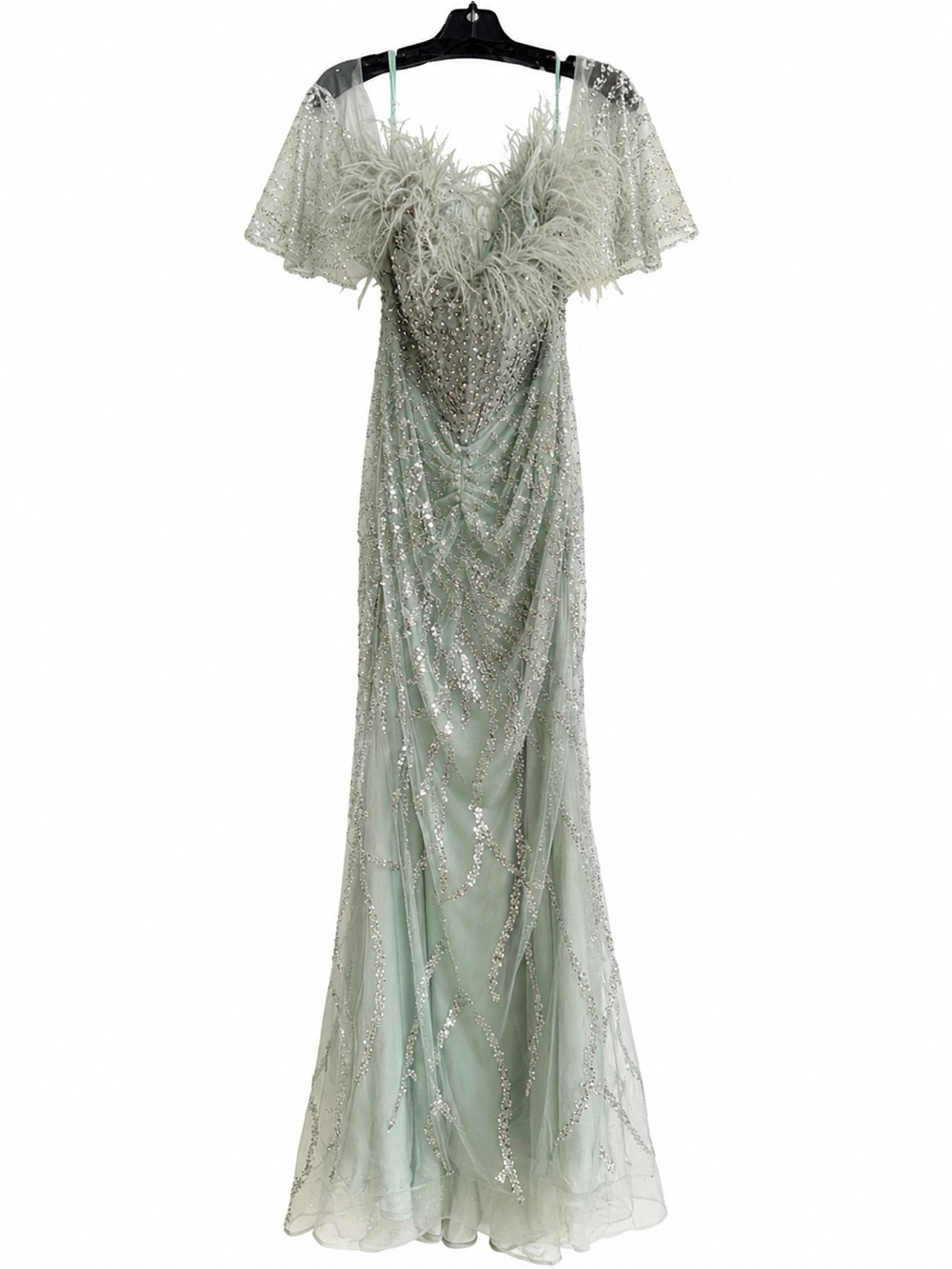 Catwalk Couture 60183 Mint Embellished Feather-Trim Evening Gown